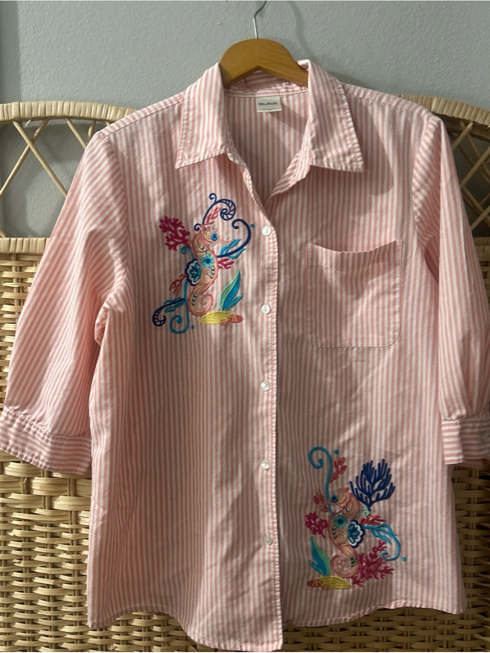 VTG Blair Ladies Striped Coastal Theme 3/4 Sleeve Shirt Size Med Seahorse Coral